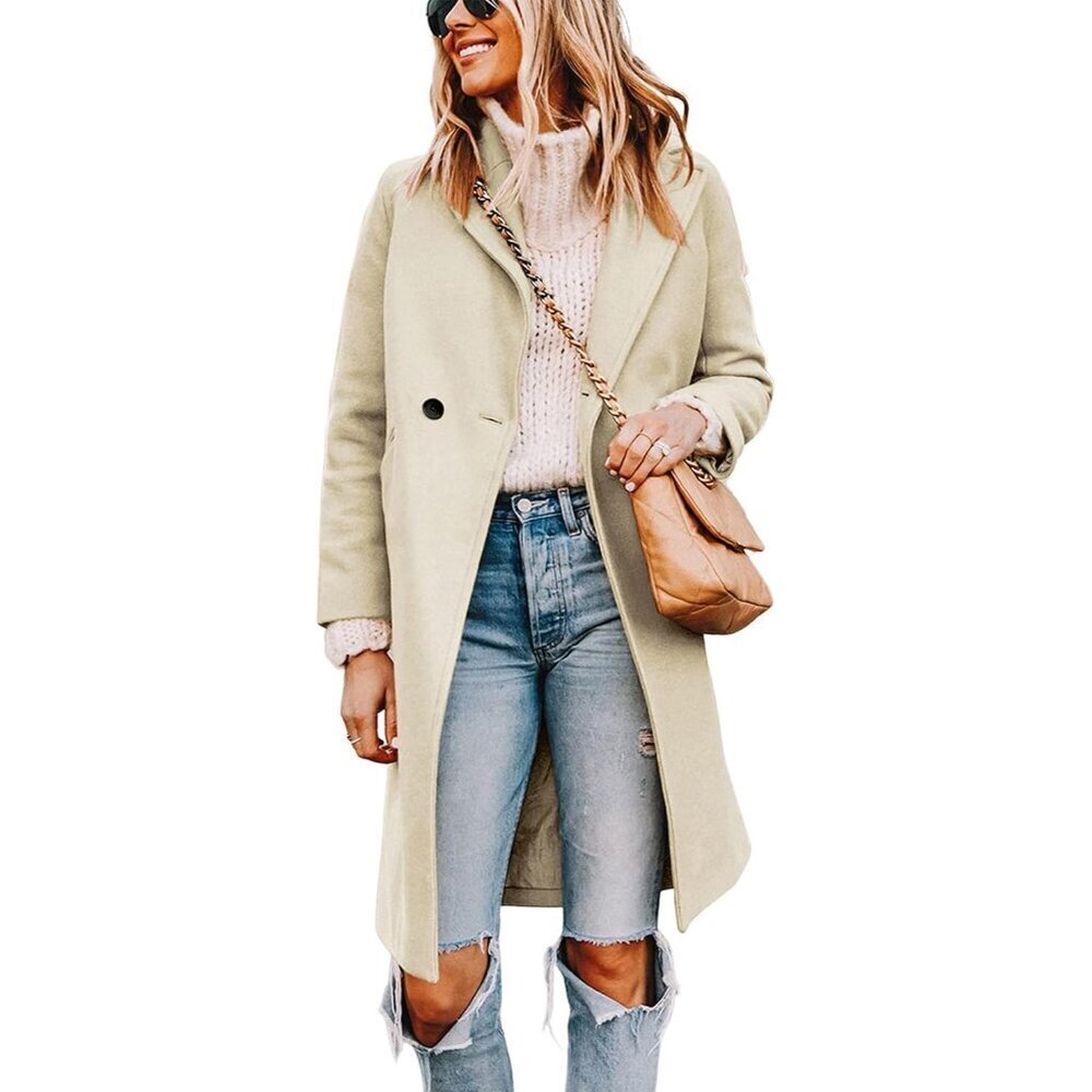 Women's  Beige  Notch Lapel Double Breasted Wool Blend Mid Long Pea Trench Coat